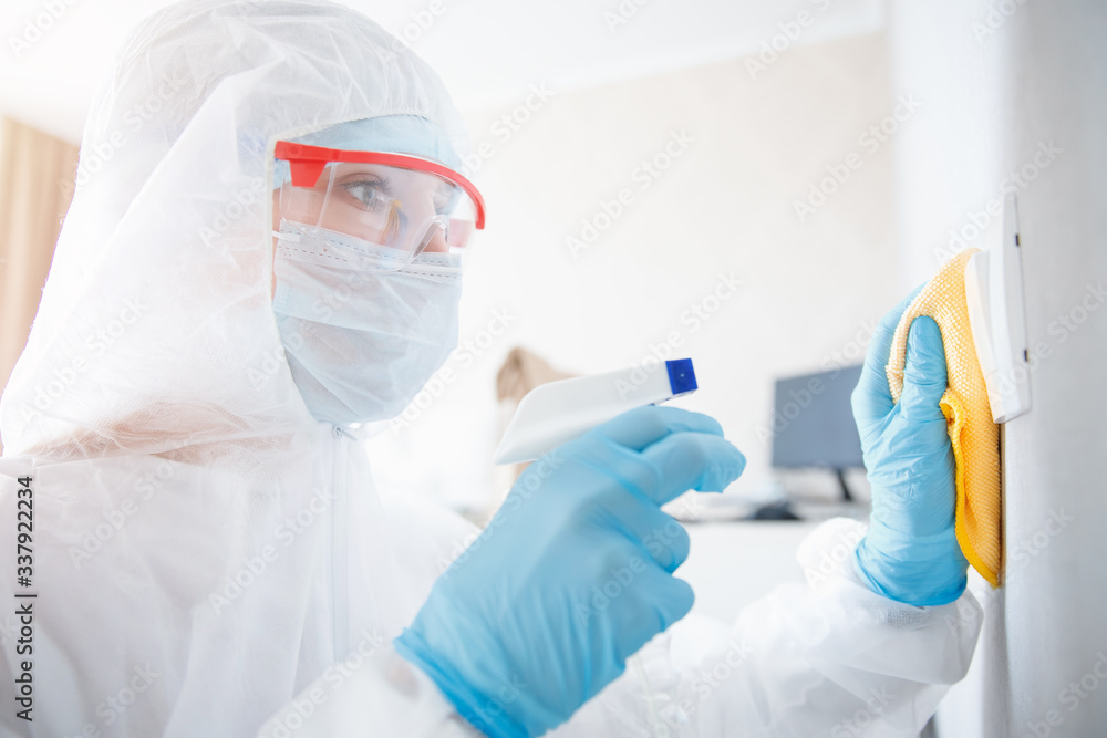 Cleaning and disinfection with antiseptics of viruses and germs, cleaner service against coronavirus Cleaning and disinfection with antiseptics of viruses and germs, cleaner service against coronavirus