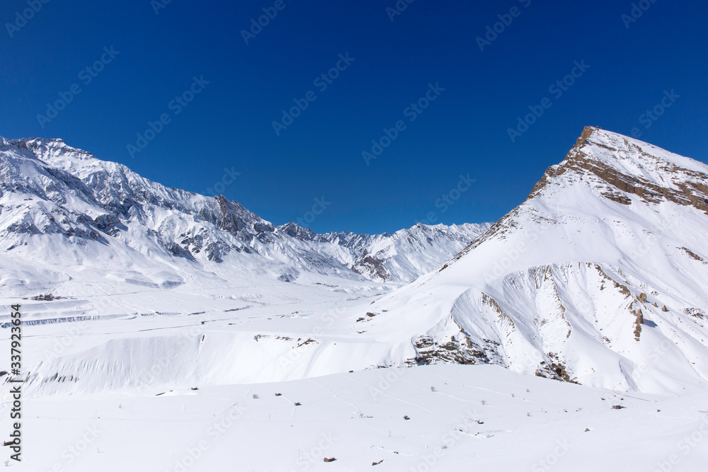 Beautiful Landscape with snow covered mountains along Sipti river  in Himalayas.