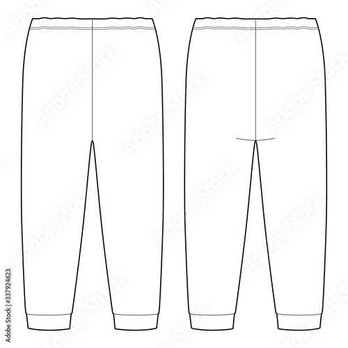 Childrens technical sketch pants. KIds home wear trousers design template isolated on white background.