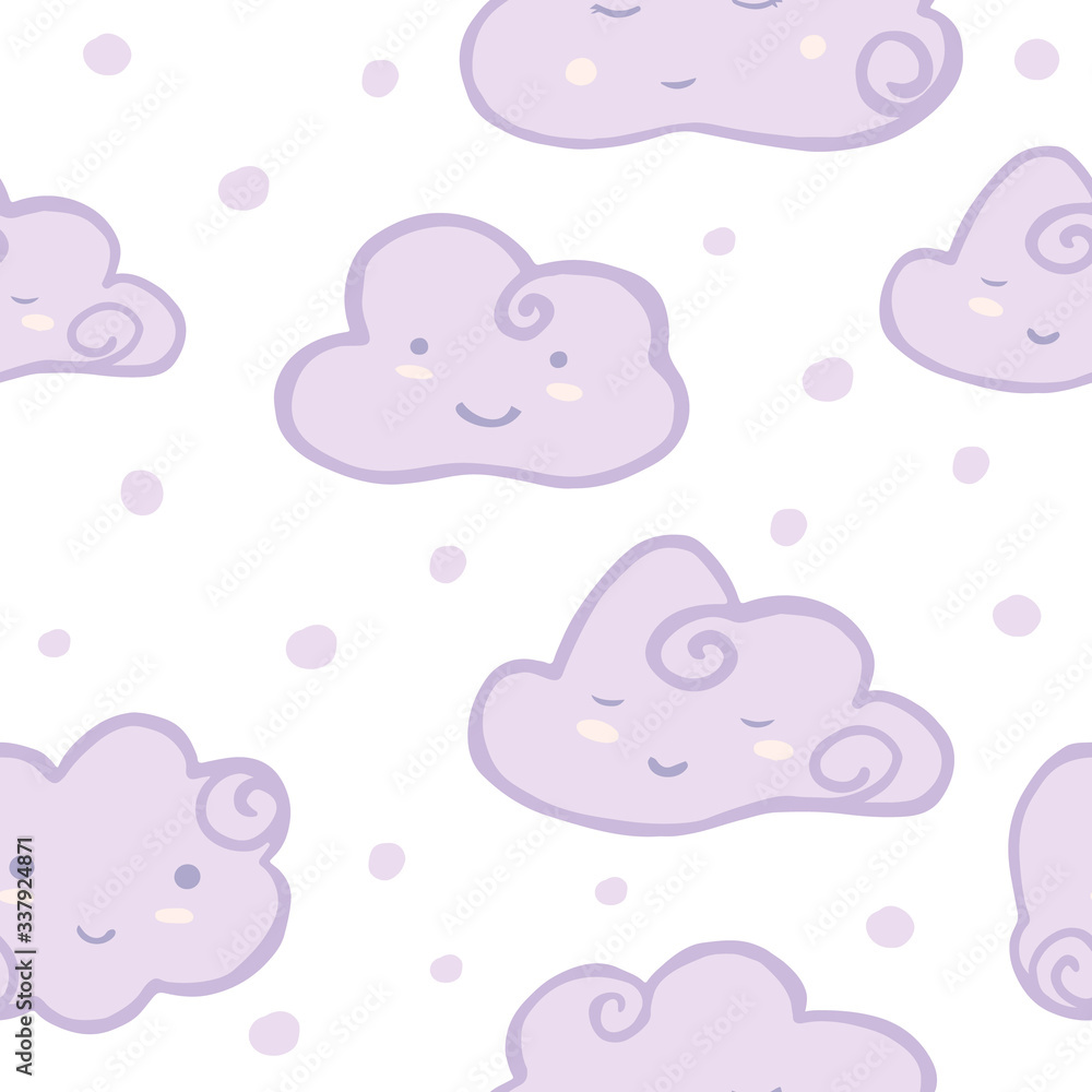 Cute smiling sky seamless pattern . Hand drawn cloud sky wallpaper on white background.