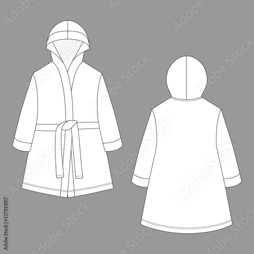 Unisex bathrobe technical sketch in white color. Home bathrobe isolated