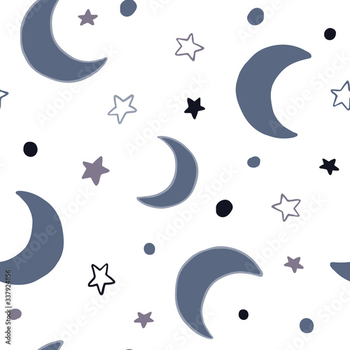 Cute moon and stars on sky seamless pattern on white background.