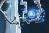 Robot surgeon, robotic equipment. Minimally invasive surgical innovation with three-dimensional overview. technology, the future of medicine, surgeon. 3D render, 3D illustration.