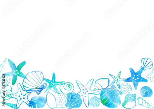 Watercolor illustration of shellfish and starfish