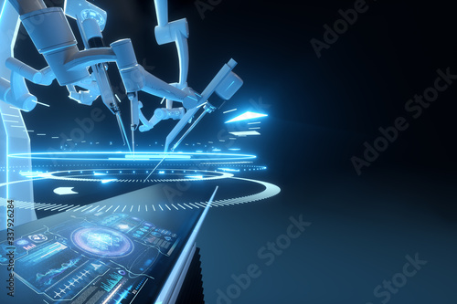 Robot surgeon, robotic equipment. Minimally invasive surgical innovation with three-dimensional overview. technology, the future of medicine, surgeon. 3D render, 3D illustration.