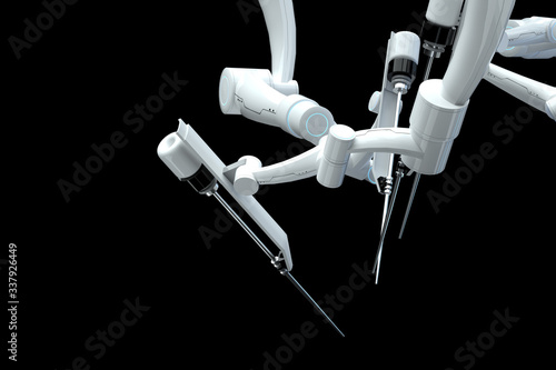Robot surgeon, robotic equipment, manipulators isolated on a dark background. Technologies, future of medicine, surgery. 3D render, 3D illustration.