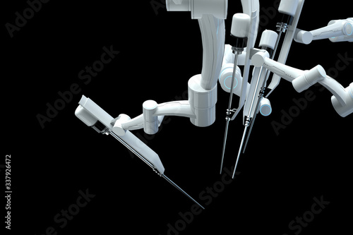 Robot surgeon, robotic equipment, manipulators isolated on a dark background. Technologies, future of medicine, surgery. 3D render, 3D illustration. photo