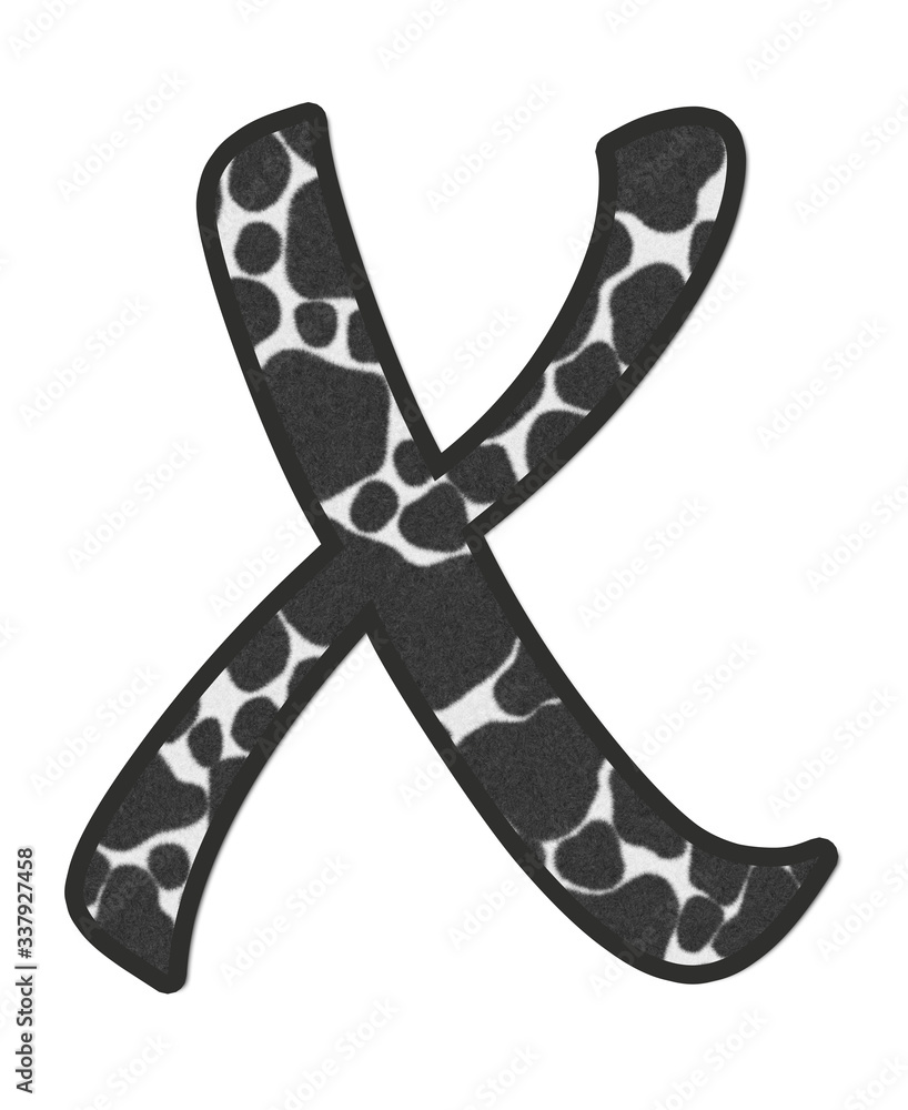 3D illustration Cow Black and white print letter X, animal skin fur decorative character X, Bull or Ox pattern isolate in white background has clipping path dicut. Design font wildlife safari concept. 3D illustration Cow Black and white print letter X, animal skin fur decorative character X, Bull or Ox pattern isolate in white background has clipping path dicut. Design font wildlife safari concept.
