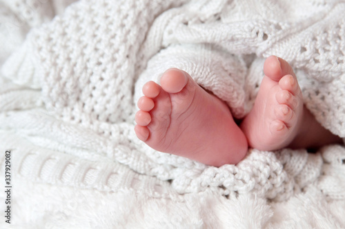 Newborn baby’s legs, toes on the white knitted blanket. Newborn child. Place for a text.