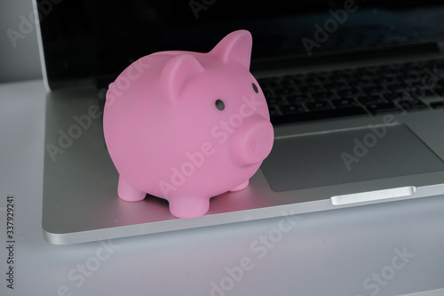 .Pink saving pig on the notebook.Concept of saving money, make a deposit.Money in save.