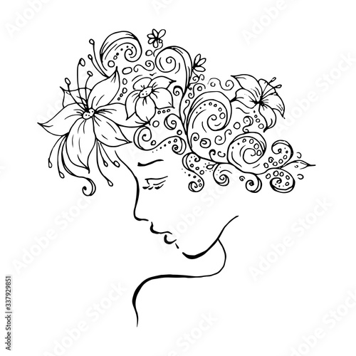 profile of a girl with flowers in her hair. a wreath of lilies and daisies on the head. vector line art drawing with a contour. isolated on a white. elegant logo for beauty salon. Spa. barbershop.