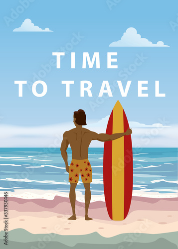 Surfer standing with surfboard on the tropical beach back view. Palms ocean surfung theme