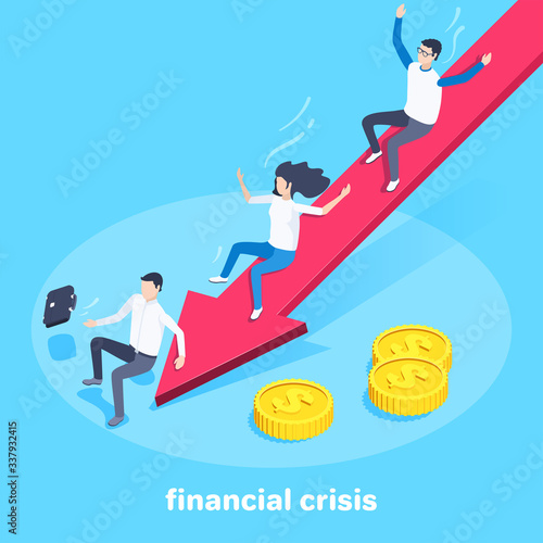 isometric vector image on a blue background, people slide down the big red arrow, financial crisis