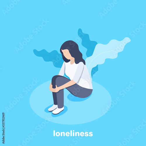 isometric vector image on a blue background, a lonely woman sitting with her knees up and tilting her head against a background of leaves