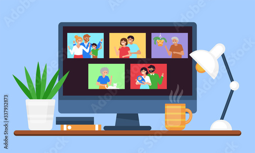Family and friends video online meeting. Stay at home and self isolation concept. Coronavirus COVID-19 pandemic quarantine with people characters at computer screen.