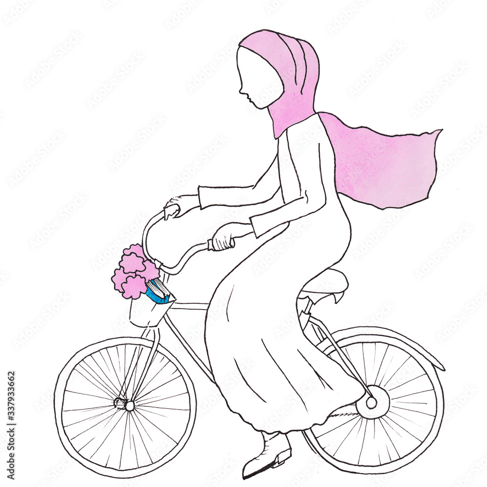 muslim woman on a bicycle with books and flowers muslim woman on a bicycle with books and flowers