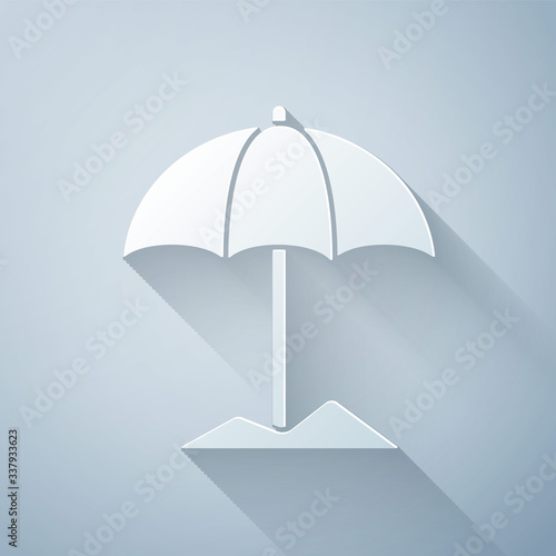 Paper cut Sun protective umbrella for beach icon isolated on grey background. Large parasol for outdoor space. Beach umbrella. Paper art style. Vector Illustration