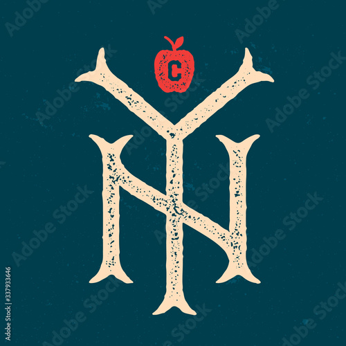 New York City Vintage Textured Monogram. Typographic Retro Vector Illustration. The big Apple. Authentic T shirt Apparel Print. Graphic Emblem Logo Patch Design. Old School Aesthetic 