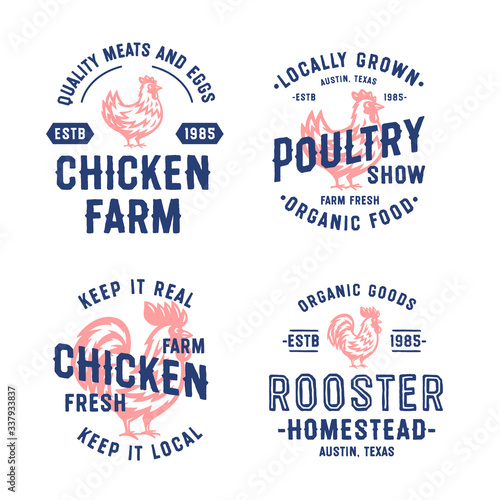 Set of Vintage Hand Drawn Chicken and Rooster Badges, Emblems and Logos. Attractive Designs for Farmer's Market, Homestead, Poultry Farm, Fair, Restaurant and other. Cock and Hen Vector Illustration.
