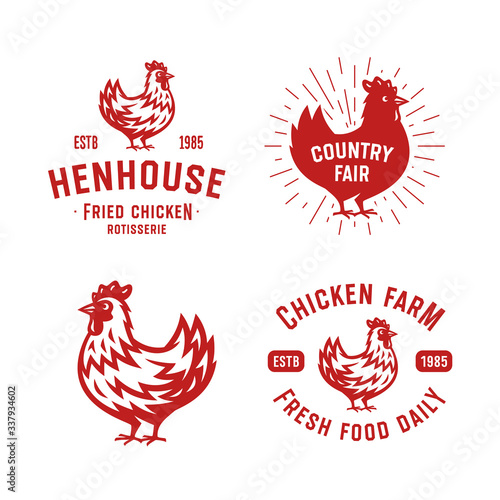 Set of Retro Chicken Emblems, Badges, Logos. Collection of Vintage Hand Drawn Poultry Designs. Hand Made Vector Illustration of a Hen for Your Business.