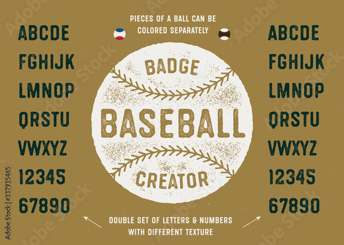 Baseball Badge Creator. Ball Illustration And Vintage Textured Sport Baseball Style Typeface. Varsity Alphabet. Athletic Font. Vector Graphics.