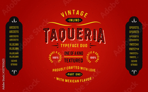 Vintage Textured Typeface Duo with Mexican Flavour "Taqueria". Part One - Inline Style. Mexican Style Font Alphabet. Retro Lettering.