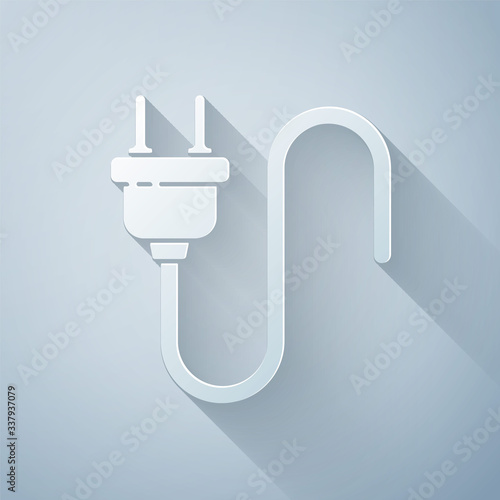 Paper cut Electric plug icon isolated on grey background. Concept of connection and disconnection of the electricity. Paper art style. Vector Illustration