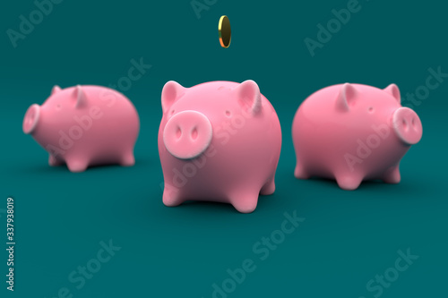 Three pink ceramic piggy bank. Isolated on dark green background. 3d rendering illustration.