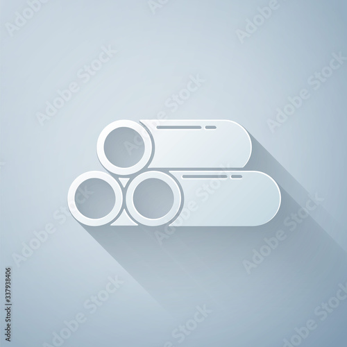 Paper cut Industry metallic pipe icon isolated on grey background. Plumbing pipeline parts of different shapes. Paper art style. Vector Illustration