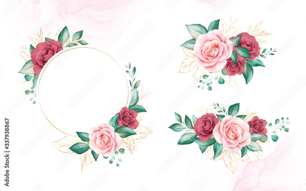 Set of gold watercolor floral frame and bouquets. Botanic decoration illustration of peach and red roses, leaves, branches. Botanic elements for wedding or greeting card design vector