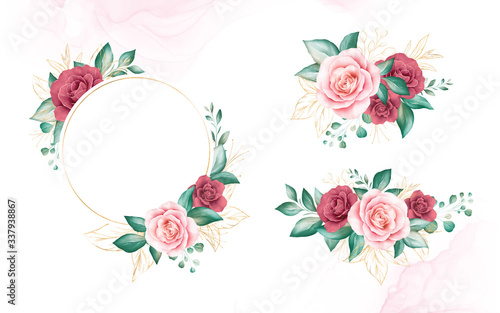 Set of gold watercolor floral frame and bouquets. Botanic decoration illustration of peach and red roses, leaves, branches. Botanic elements for wedding or greeting card design vector © KeepMakingArt
