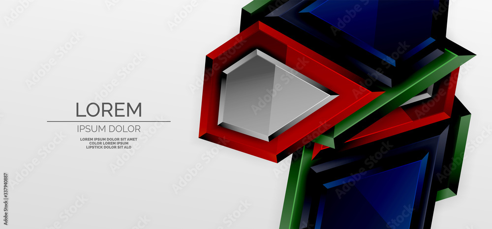 Metal glossy shiny geometric shapes with 3d effect composition. Techno futuristic vector abstract background For Wallpaper, Banner, Background, Card, Book Illustration, landing page