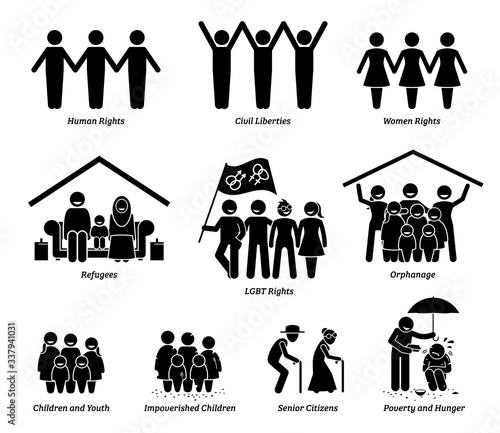 NPO nonprofit organization foundation welfare vector set. Non profit group of human rights, civil liberties, women rights, refugees, LGBT, orphanage, children, senior citizens, and poverty hunger.
