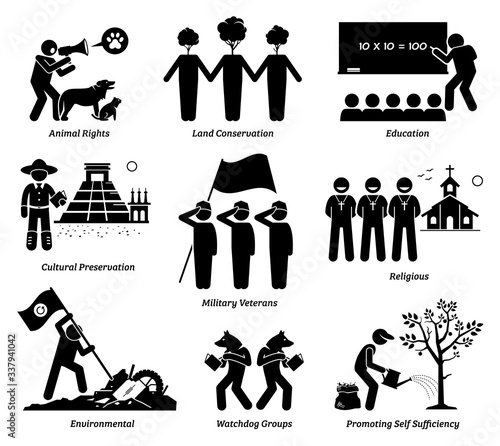 NPO nonprofit organization foundation welfare vector set. Non profit group of animal rights, land, education, cultural preservation, veterans, church, environment, and watchdog, and self sufficiency.