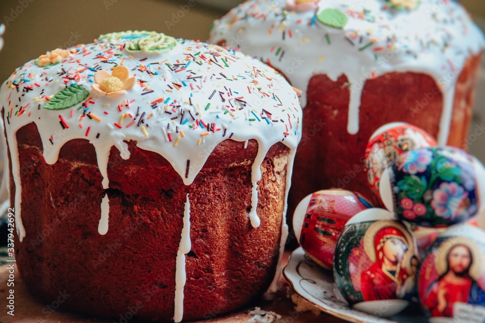 Easter cakes and eggs for the Christian holiday of Easter. The concept of the holiday. Easter cakes and eggs for the Christian holiday of Easter. The concept of the holiday.