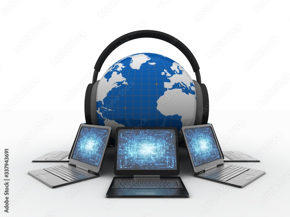 3d rendering Computer network with head phone globe