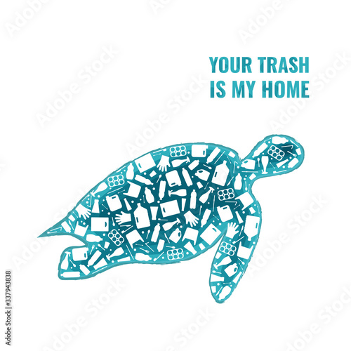 Plastic trash planet pollution concept vector illustration. Turtle marine reptile silhouette filled with plastic garbage flat icons. Ocean pollution ecology concept, marine animal life damage banner.