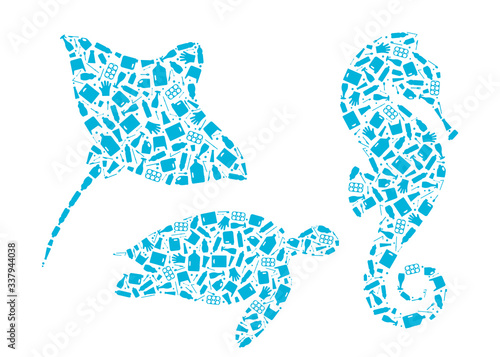 Microplastic trash planet pollution concept vector illustration. Marine animals outline set filled with plastic trash flat icons, isolated on white background. Single use plastic ecology crisis