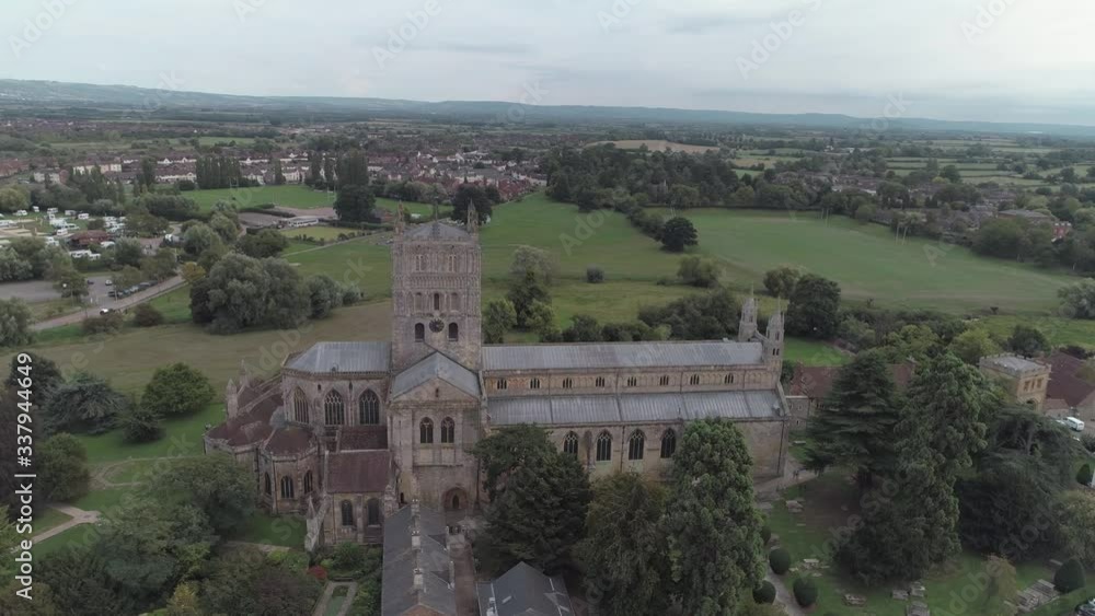 Reverse aerial orbital of St Mary the Virgin Abbey in Tewkesbury. Reverse aerial orbital of St Mary the Virgin Abbey in Tewkesbury.