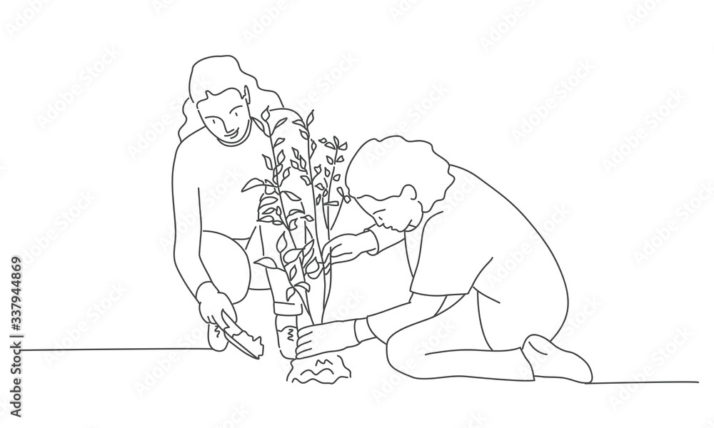 Line drawing of women works in the garden. Gardening or planting concept. Vector illustration.
