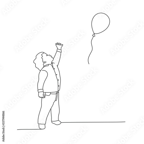 Little boy reaches for a balloon. Line drawing vector illustration.