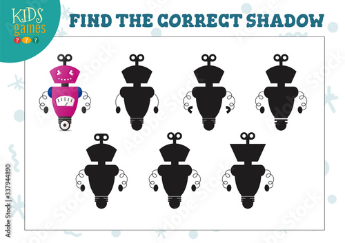 Find the correct shadow for cute cartoon robot educational preschool kids mini game