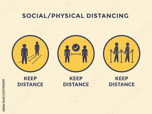 social or physical distance icon set collections with 3 variations set with circle yellow banner