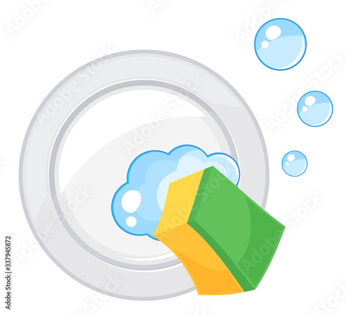 スポンジでお皿洗いのイラスト