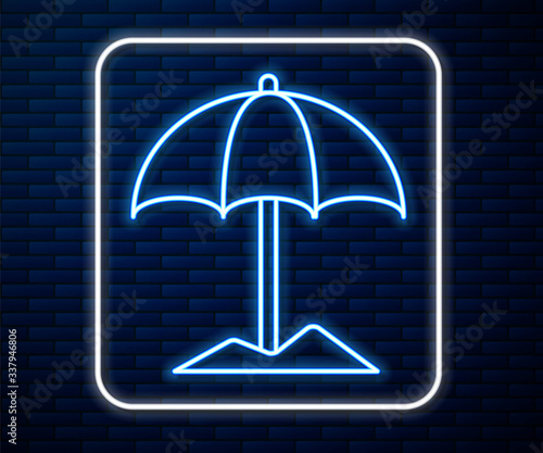 Glowing neon line Sun protective umbrella for beach icon isolated on brick wall background. Large parasol for outdoor space. Beach umbrella. Vector Illustration
