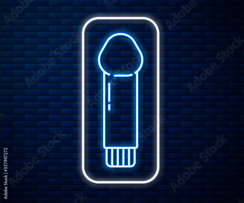 Glowing neon line Dildo vibrator for sex games icon isolated on brick wall background. Sex toy for adult. Vaginal exercise machines for intimate. Vector Illustration