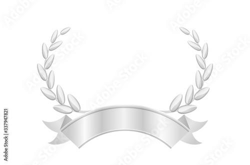 silver laurel wreath and ribbon isolated on white, circle frame silver laurel wreath icon, vintage ribbon and silver laurel wreath luxury for ornament royal king crown or queen, copy space of ribbon