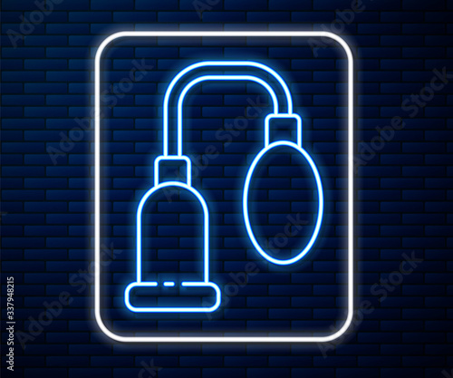 Glowing neon line Penis pump icon isolated on brick wall background. Penis enlarger. Sex toy for men. Vacuum pump with a blower to increase the penis. Vector Illustration