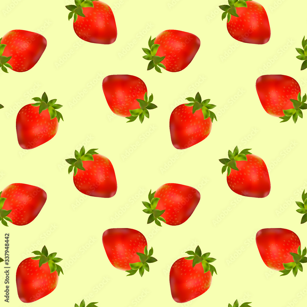 Seamless vector pattern of realistic strawberries scattered randomly on a light yellow background. Suitable for summer motifs and screensavers, as well as scrapbooking paper. Seamless vector pattern of realistic strawberries scattered randomly on a light yellow background. Suitable for summer motifs and screensavers, as well as scrapbooking paper.