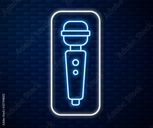 Glowing neon line Dildo vibrator for sex games icon isolated on brick wall background. Sex toy for adult. Vaginal exercise machines for intimate. Vector Illustration